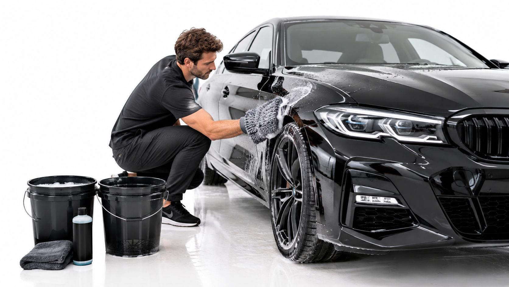 A professional detailer carefully washing a sleek black car using a microfiber mitt and soap bubbles.