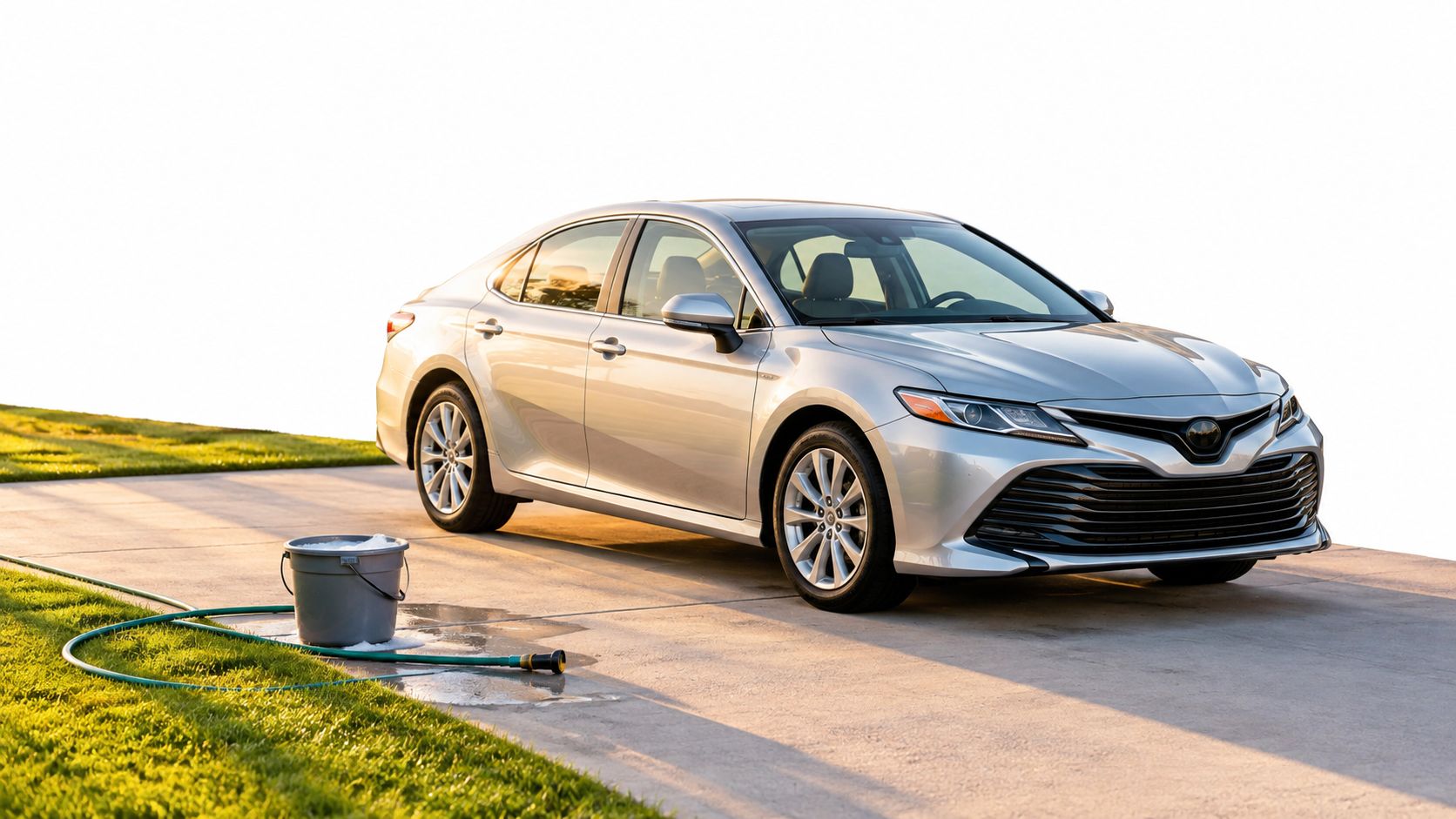 A silver sedan parked on a concrete driveway with a bucket and hose ready for car washing.