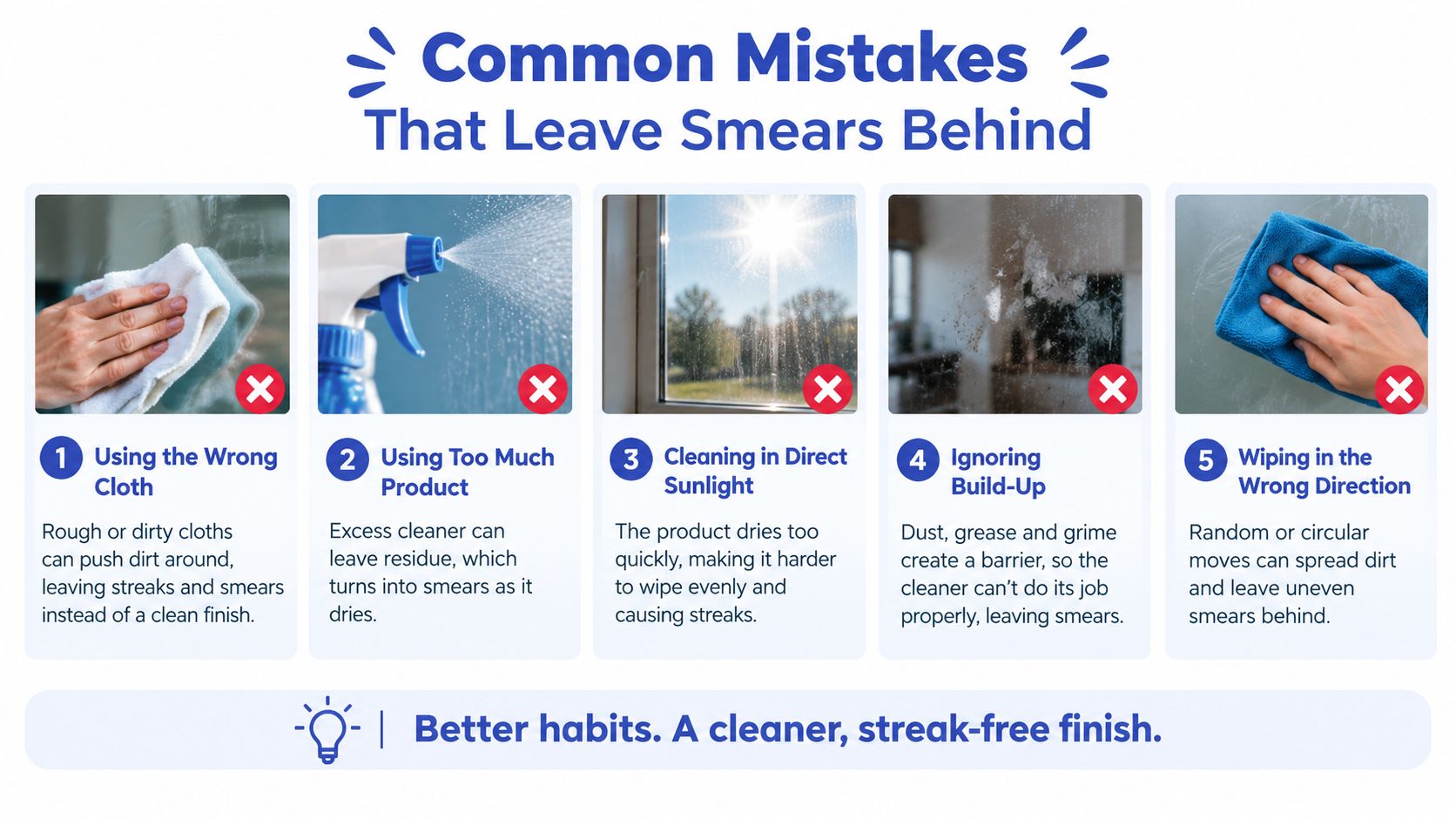A graphic illustration detailing five common cleaning mistakes that cause unsightly streaks and smears on glass surfaces.