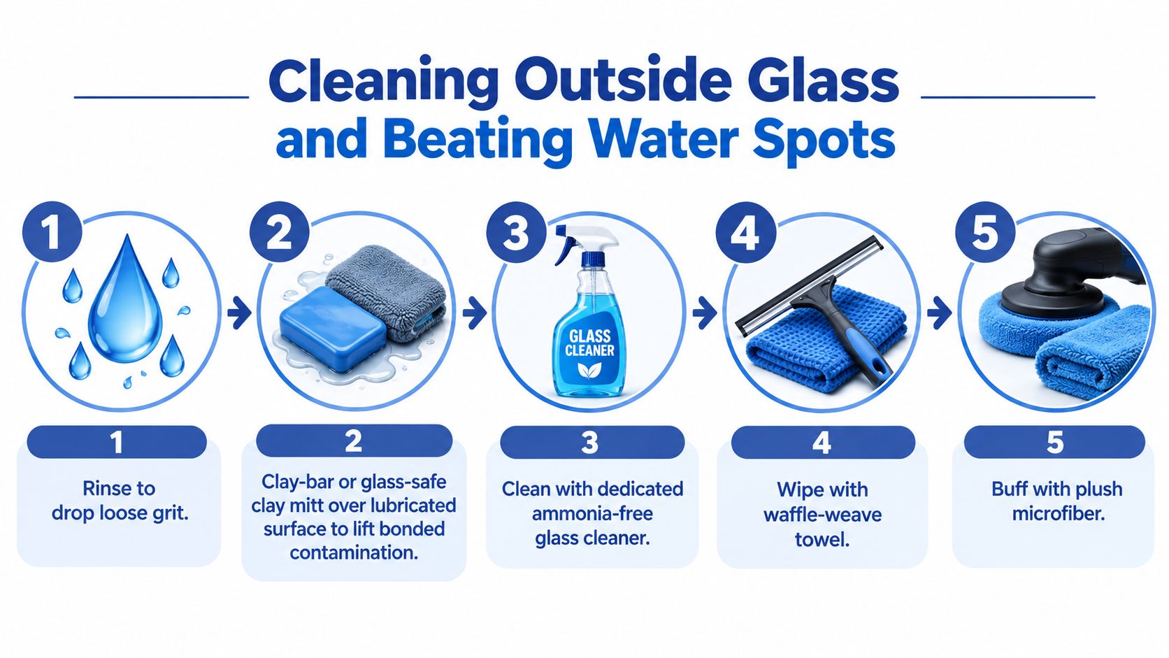 An infographic showing a five-step process for cleaning car windows and removing stubborn water spots.