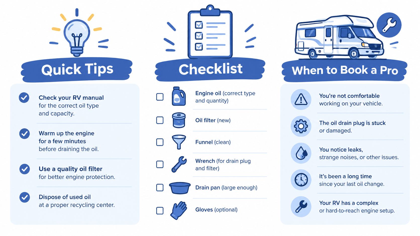 An informative infographic detailing quick tips, a checklist, and advice on when to professionalize RV oil changes.