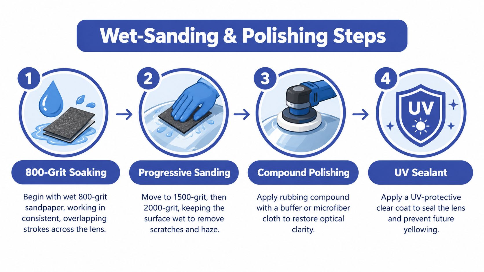 A four-step infographic illustrating the wet-sanding and polishing process for restoring automotive headlight lens clarity.