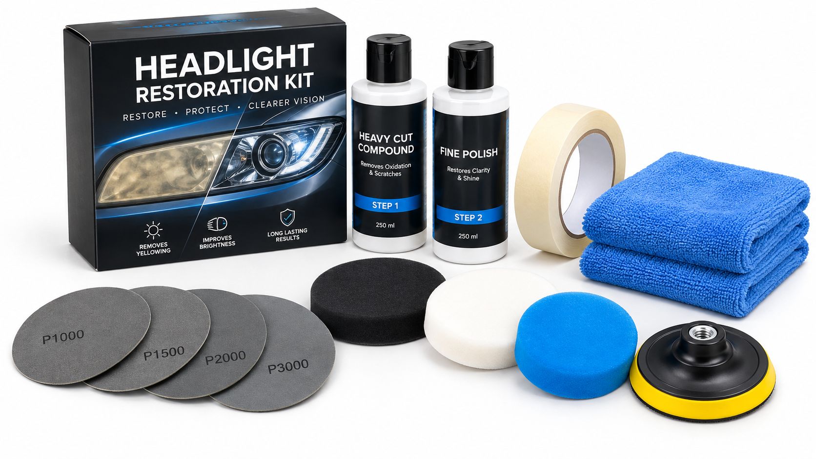 A complete headlight restoration kit including polish compounds, sanding discs, polishing pads, and microfiber cloths on white.