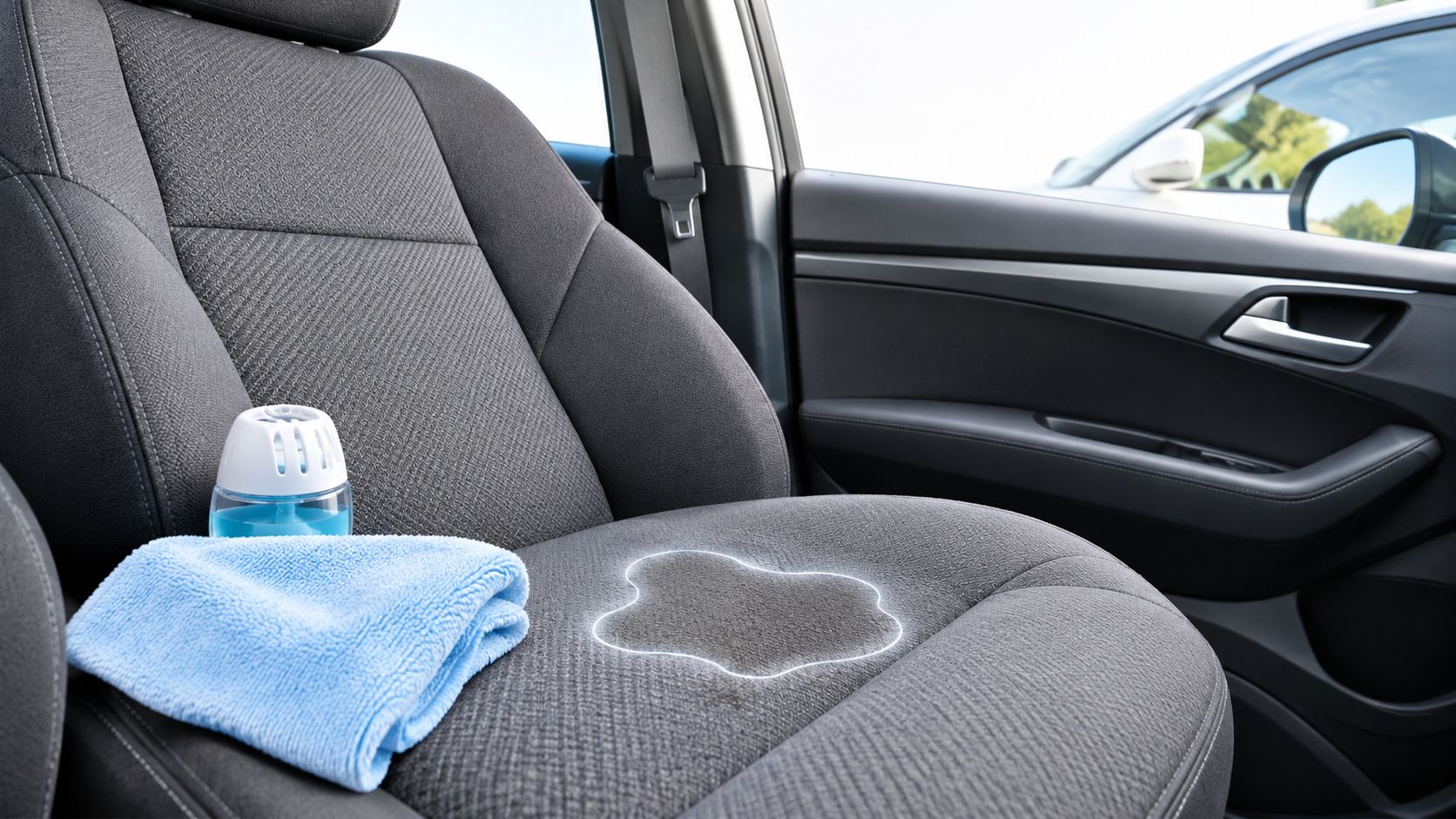 A blue cleaning towel and air freshener resting on a car seat with a large liquid stain.