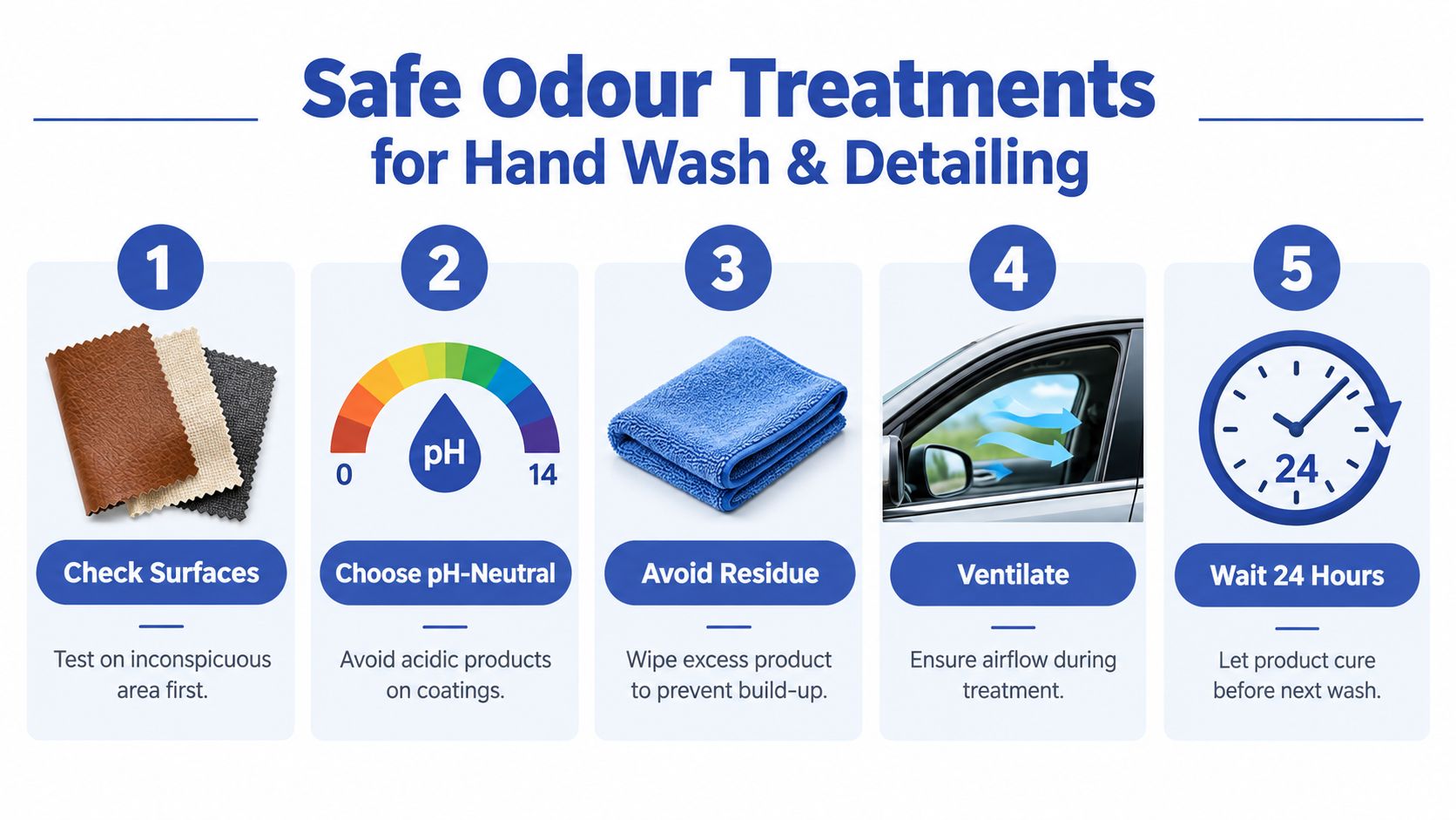 An infographic showing five steps for safe odor treatment processes during a professional hand car wash and detailing.