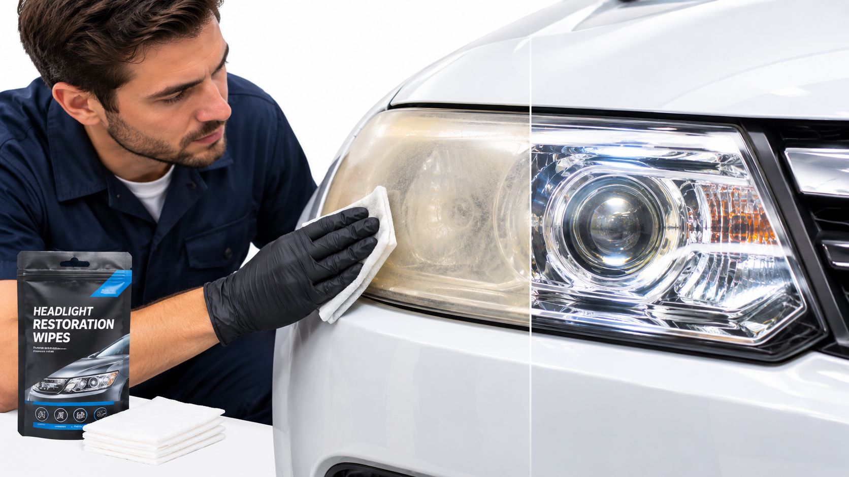 A technician wearing black gloves uses wipes to restore a yellowed car headlight to a clear finish.