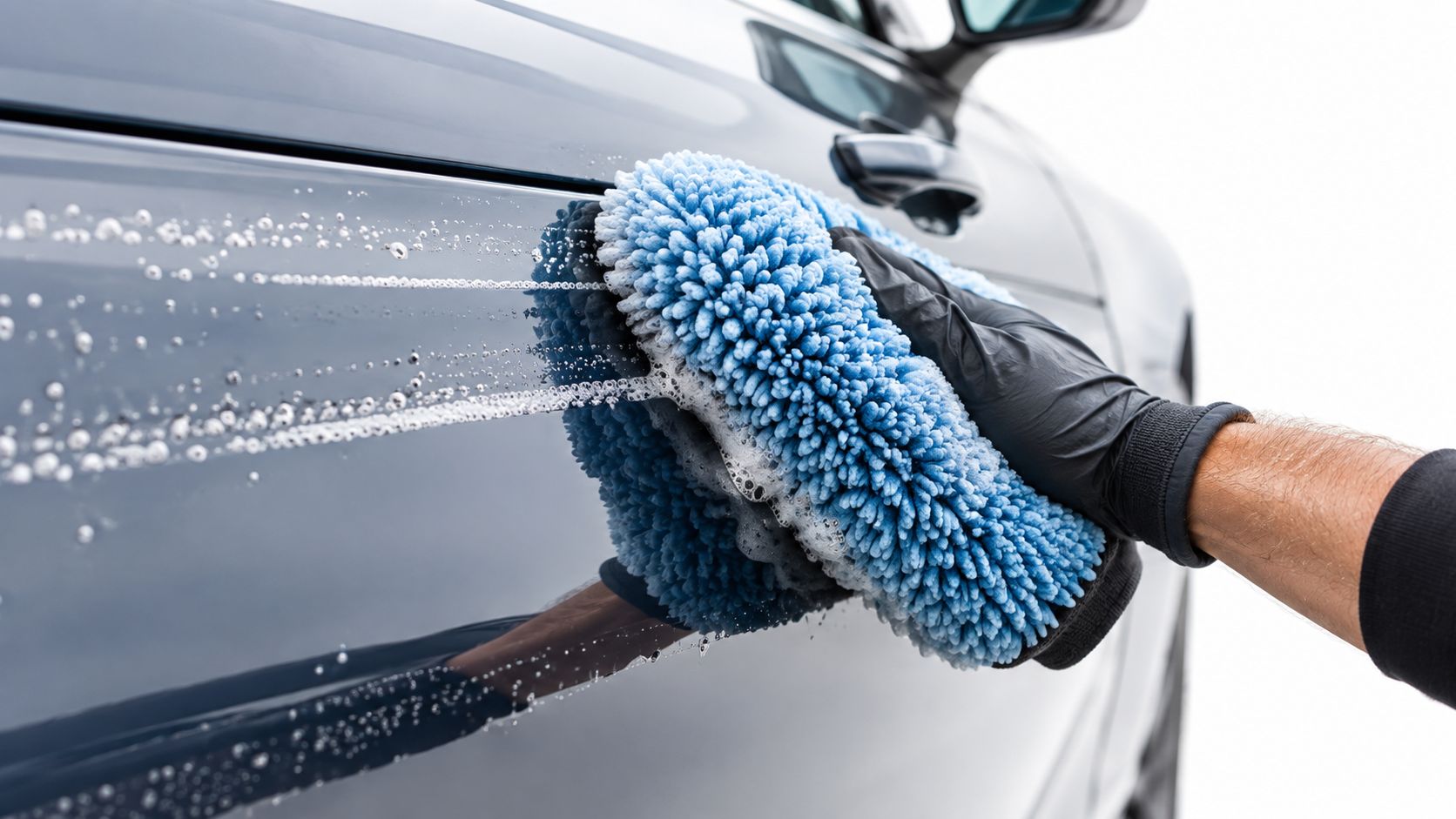 A gloved hand using a blue microfiber wash mitt to clean a dark blue car body panel.