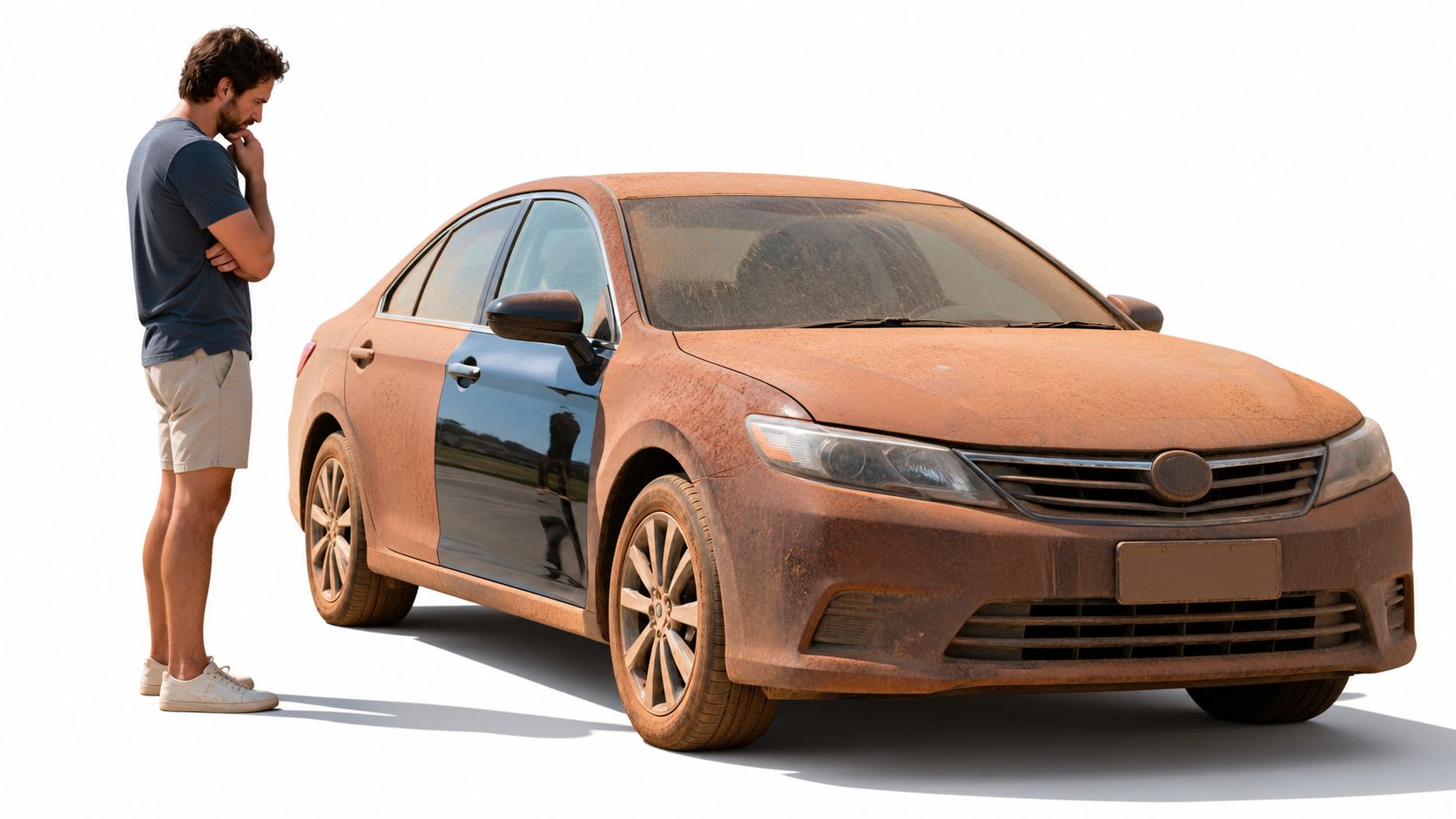 A man looking thoughtfully at his extremely dirty, dust-covered sedan parked against a white background.