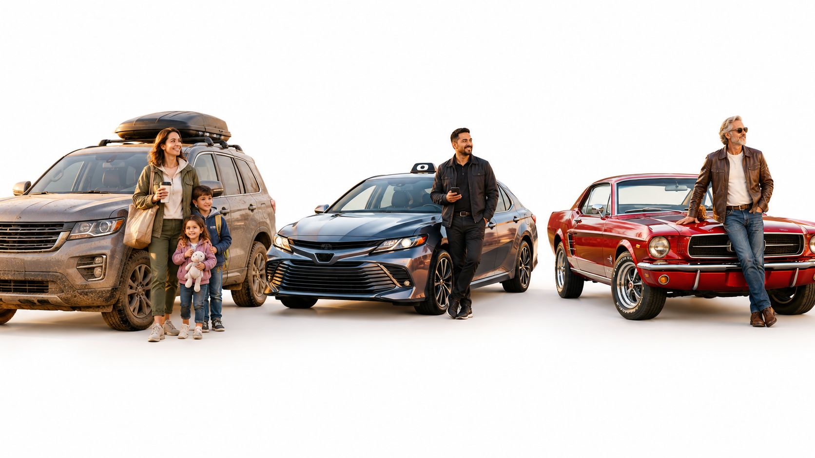 A family stands by an SUV, a sedan, and a vintage red car in a studio.