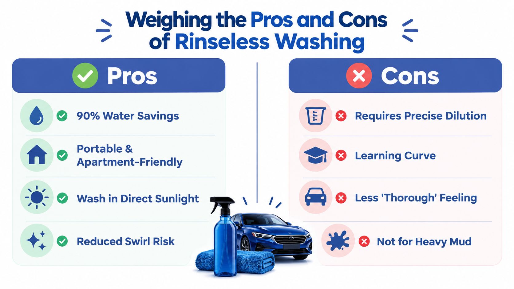 A comparison chart showing the pros and cons of using rinseless car washing techniques.