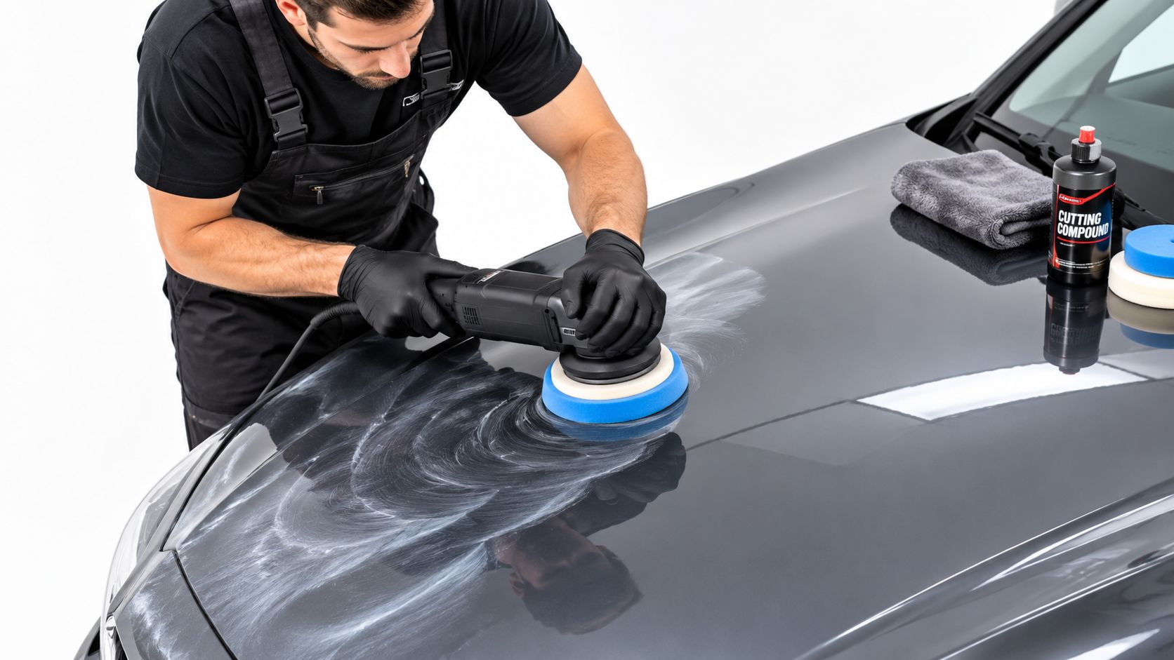 A professional car detailer uses a motorized polishing tool to apply compound to a dark car hood.