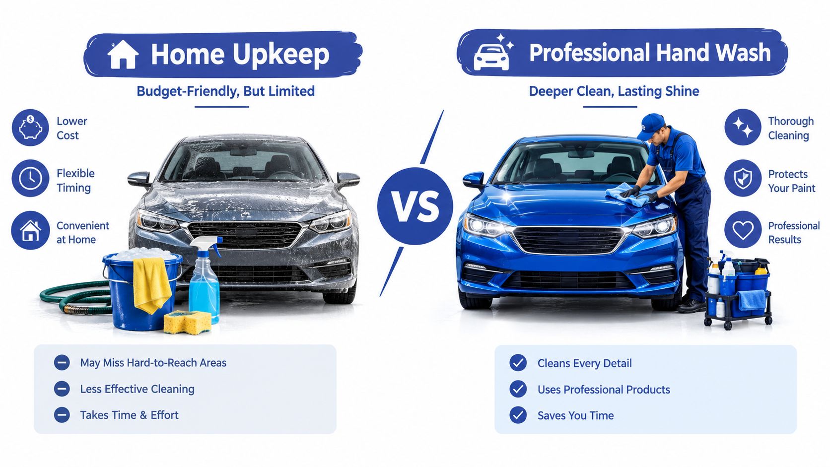 A comparison graphic showing the pros and cons of home car washing versus professional hand wash services.