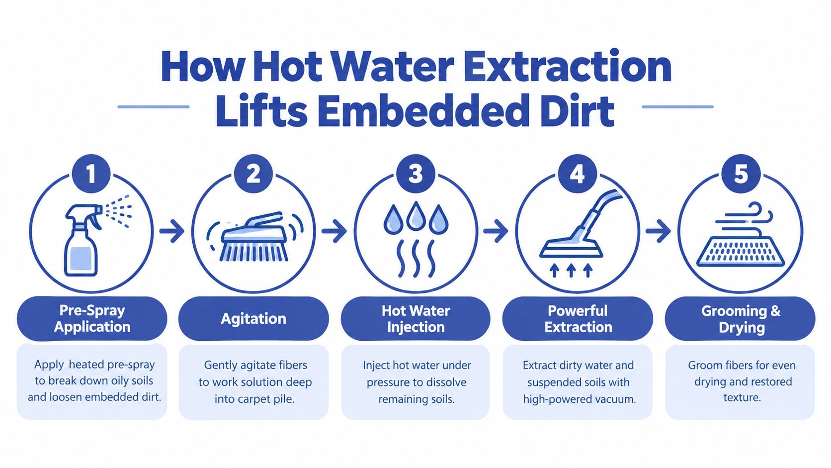 A five-step infographic illustrating the hot water carpet extraction process from pre-spray application to final drying.