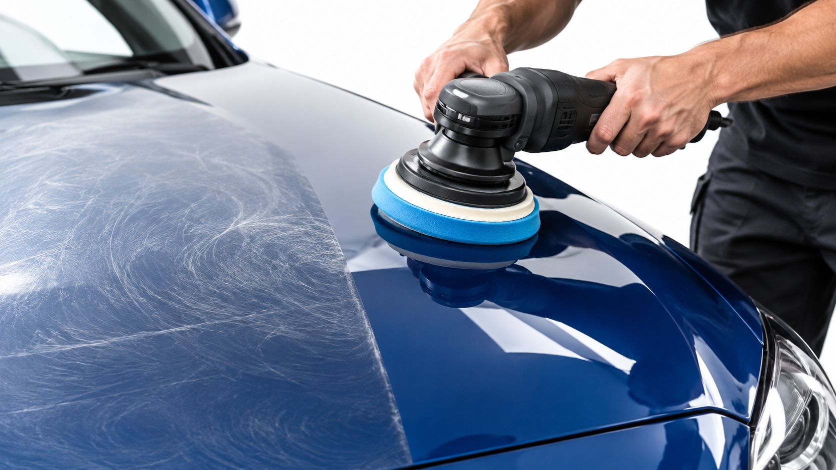 A professional technician using an electric orbital polisher to perform paint correction on a blue car hood.