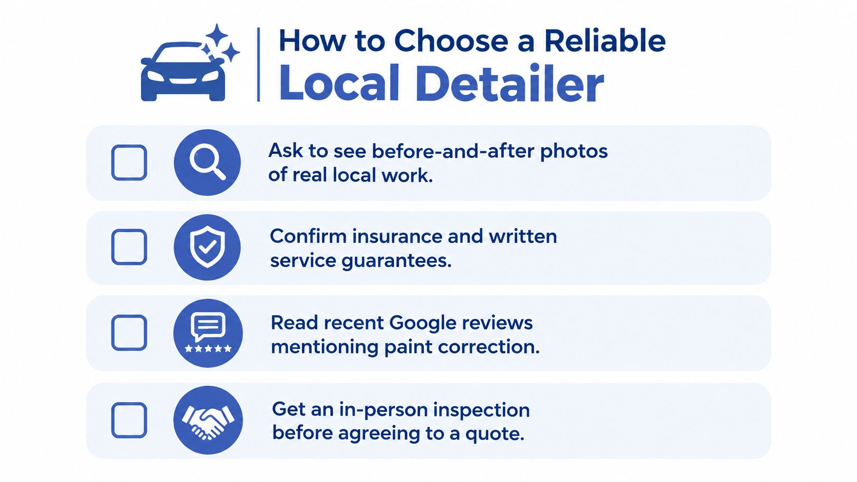 A checklist infographic titled How to Choose a Reliable Local Detailer with tips for car owners.