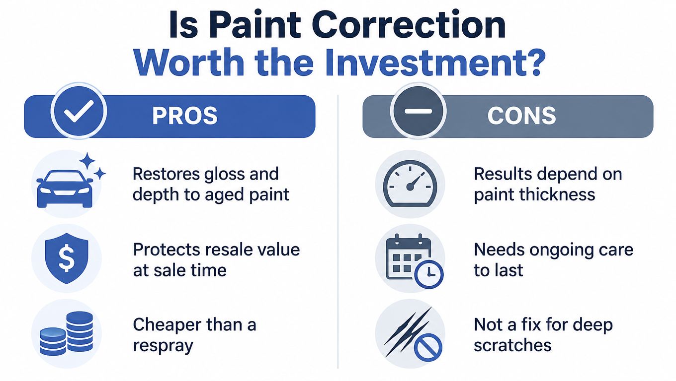 An infographic comparing the pros and cons of car paint correction as a vehicle maintenance service.