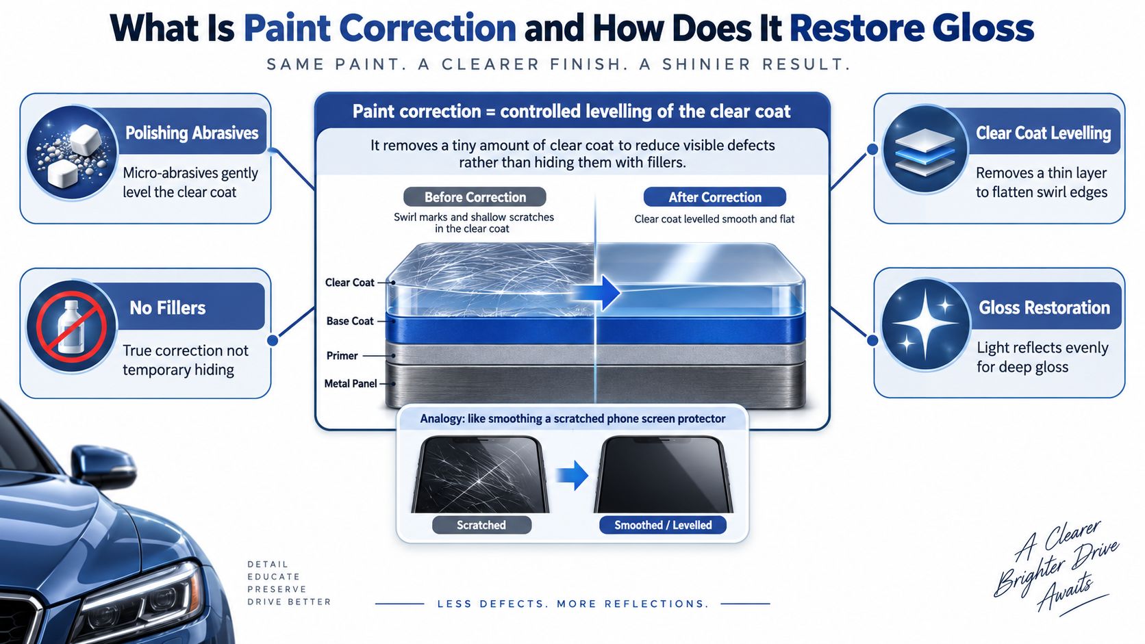 An infographic explaining car paint correction as the process of leveling the clear coat to remove scratches.