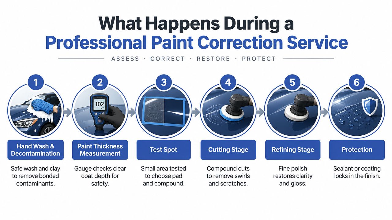 A six-step infographic detailing the professional car paint correction process from cleaning to final protective coating.