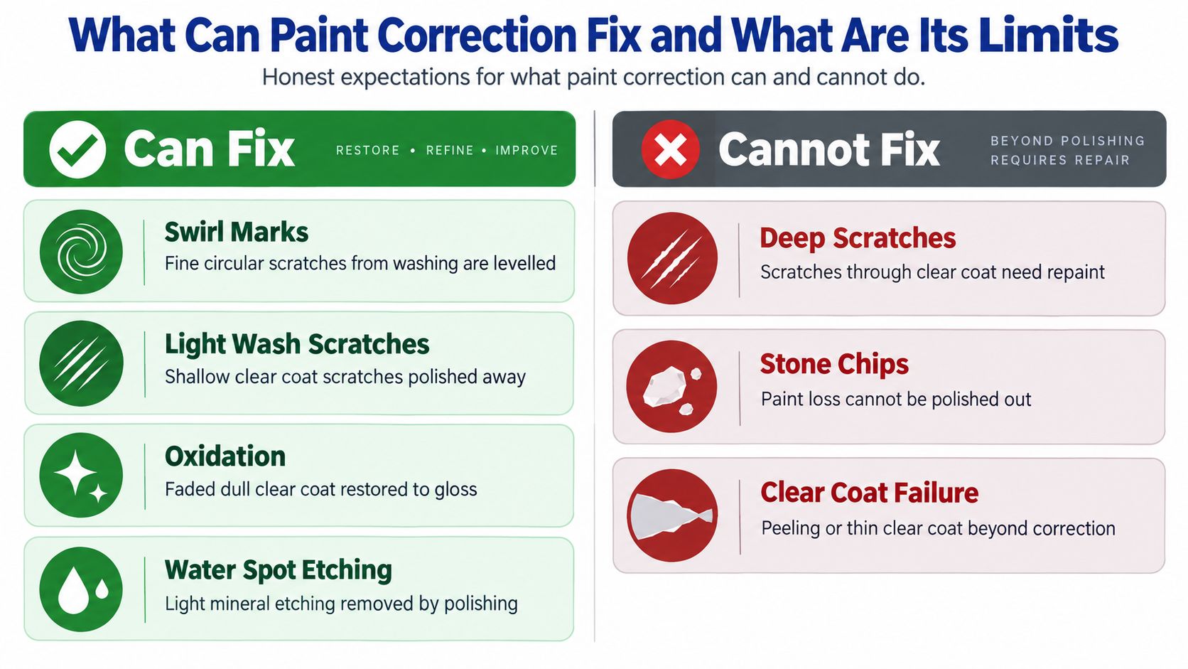 An infographic showing what automotive paint correction can fix, like swirl marks, and what it cannot fix.