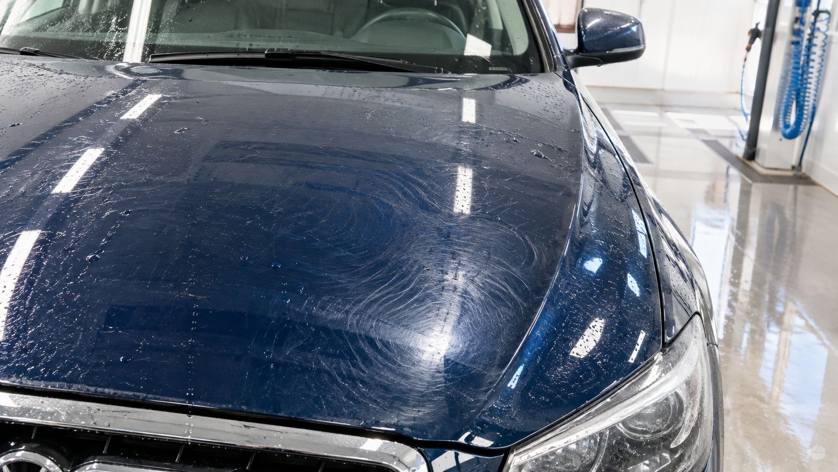 A close-up view of a dark blue car hood showing significant swirl marks and paint defects.