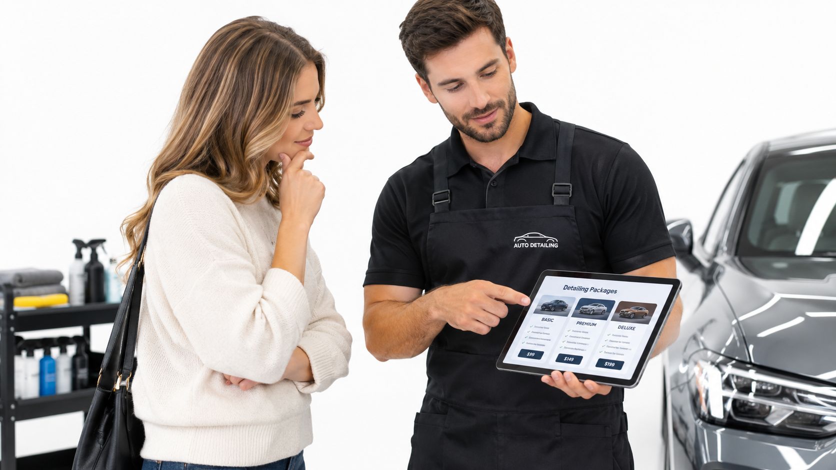 A professional car detailer explains detailing packages to a female customer while showing options on a tablet.