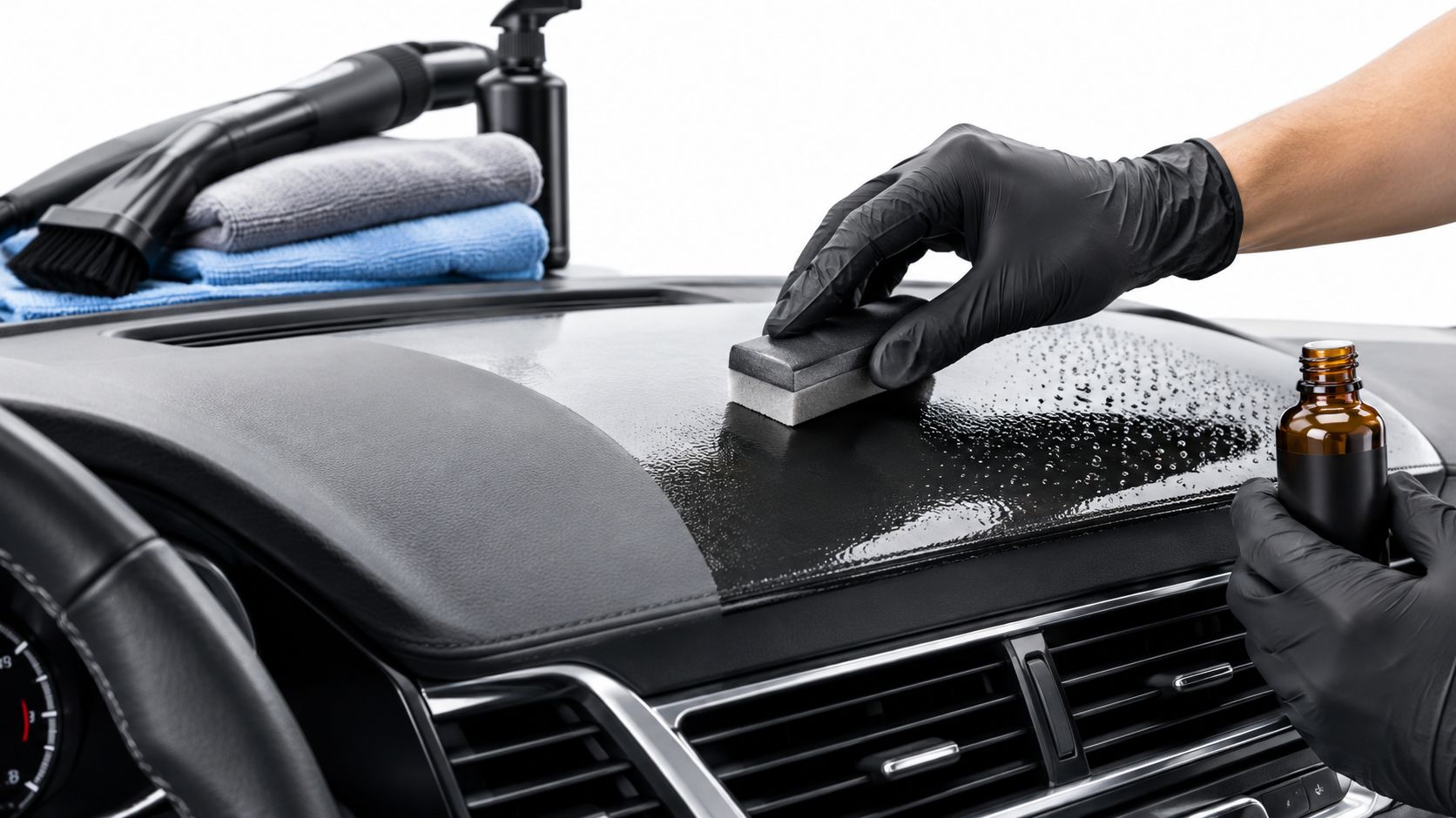 A professional detailer applying a protective ceramic coating to a clean car dashboard with a foam applicator.