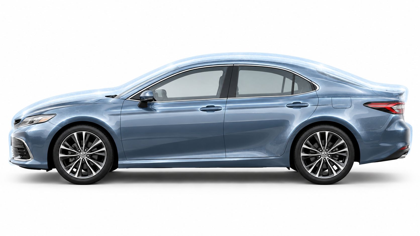 A side view of a modern blue sedan car enhanced with a glossy, protective ceramic coating finish.