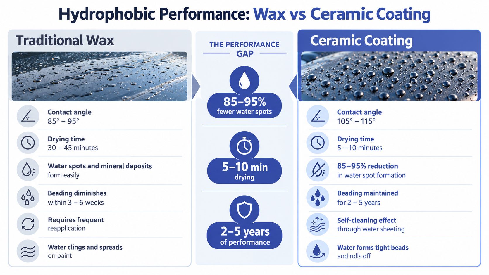 A comparison chart showing the performance differences between traditional car wax and long-lasting ceramic paint coatings.