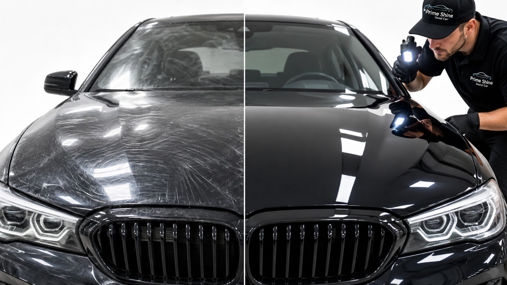 A split screen comparing a damaged car hood with swirl marks versus a professionally polished ceramic coated surface.