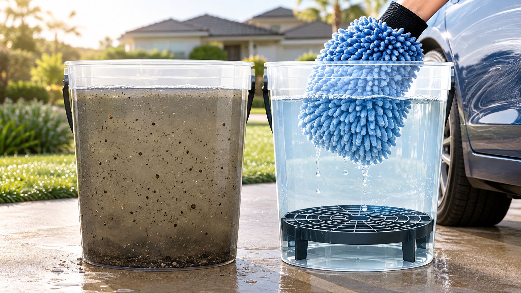 A person using the two-bucket method to rinse a blue microfiber wash mitt while cleaning a car.