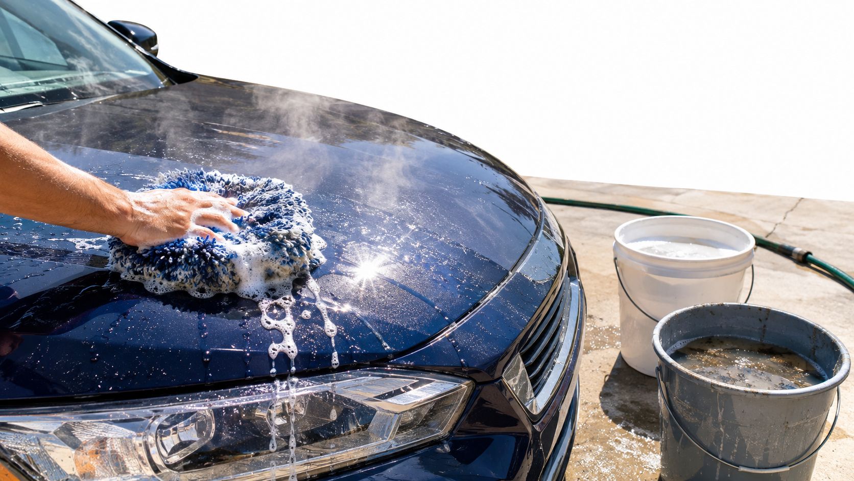 A person washing a dark blue car hood with a microfiber mitt and soapy water.