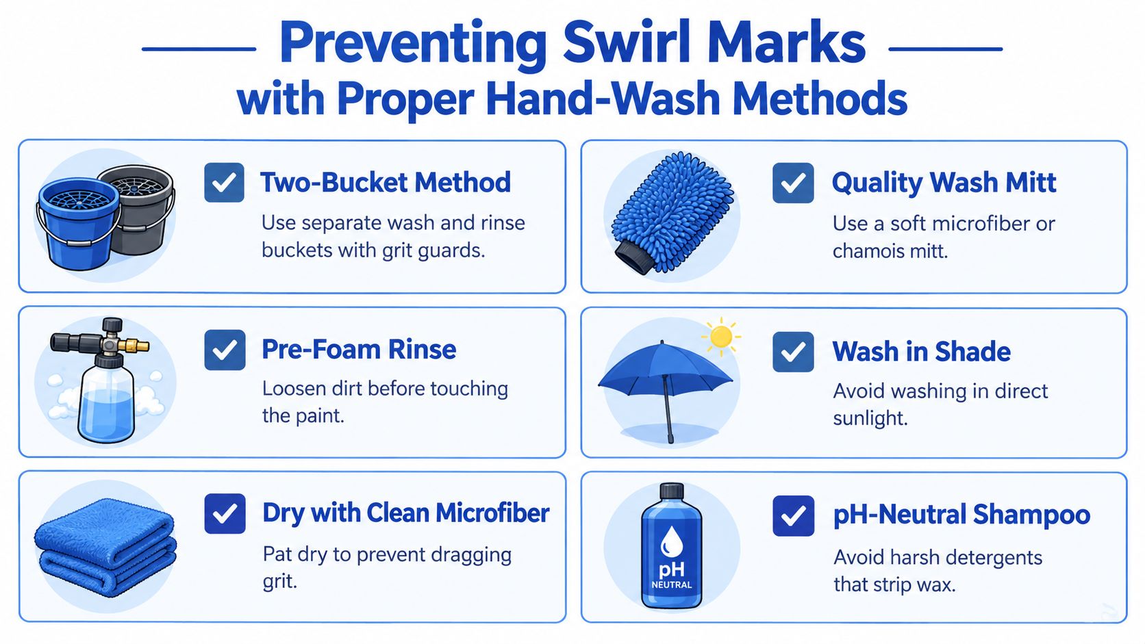 An infographic detailing six essential steps to prevent swirl marks during professional car washing and maintenance.