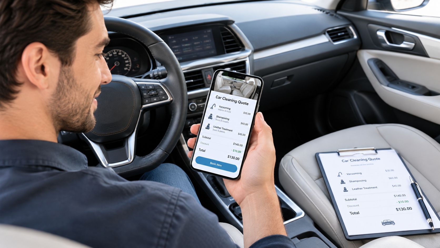 A man in a car interior compares mobile phone app car detailing prices with a physical paper quote.