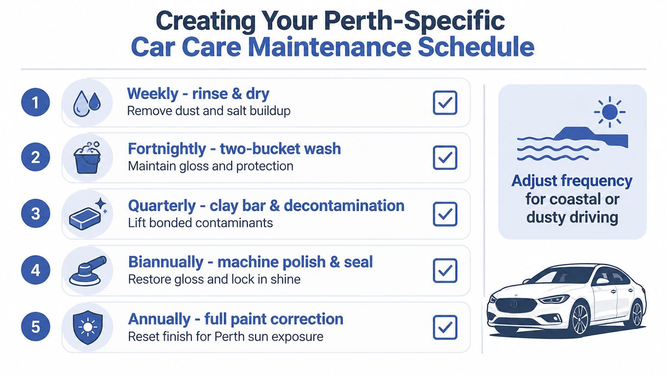 An infographic detailing a recommended car maintenance schedule for residents in Perth, Western Australia.