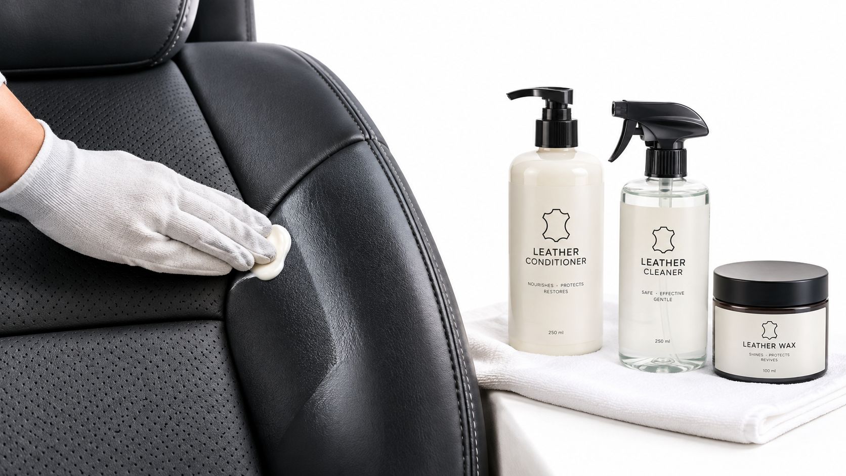 A hand wearing a white glove applying conditioner to a perforated leather car seat with bottles nearby.