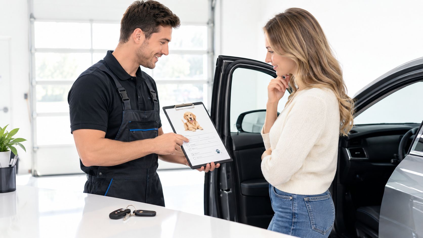 A professional mechanic in a workshop shows a car maintenance clipboard to a female customer.