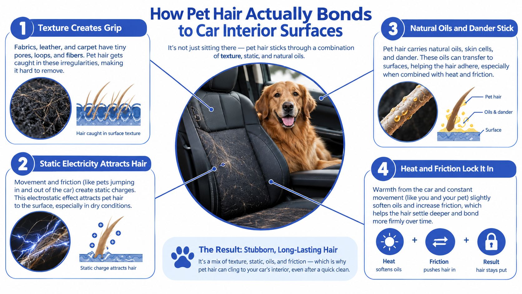 An infographic explaining how pet hair bonds to car seats using texture, static, oils, and friction.