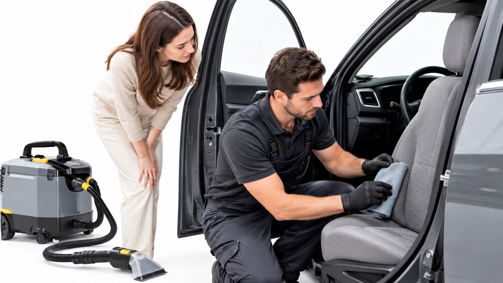 A professional car cleaner using a steam upholstery tool while a female client watches closely.