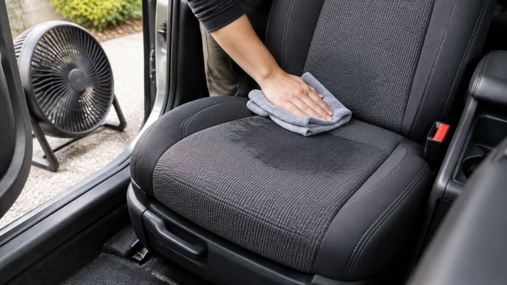 A person uses a grey microfiber cloth to clean a wet patch on car seat upholstery.