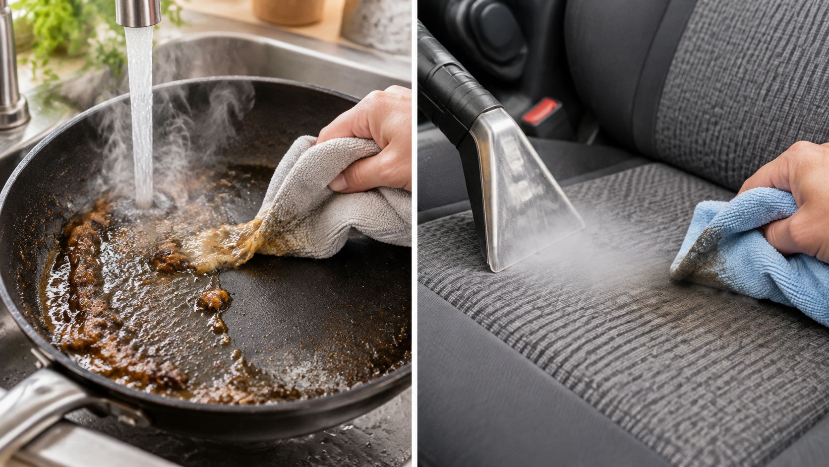 A split image showing a hand cleaning a greasy pan and another cleaning a car seat upholstery.