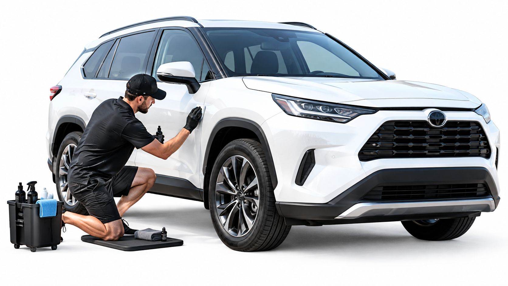 A professional detailer kneeling by a white SUV while applying polish to the side car panel.