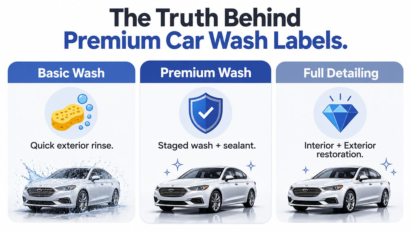An infographic comparing three car wash services: basic wash, premium wash, and full detailing services.