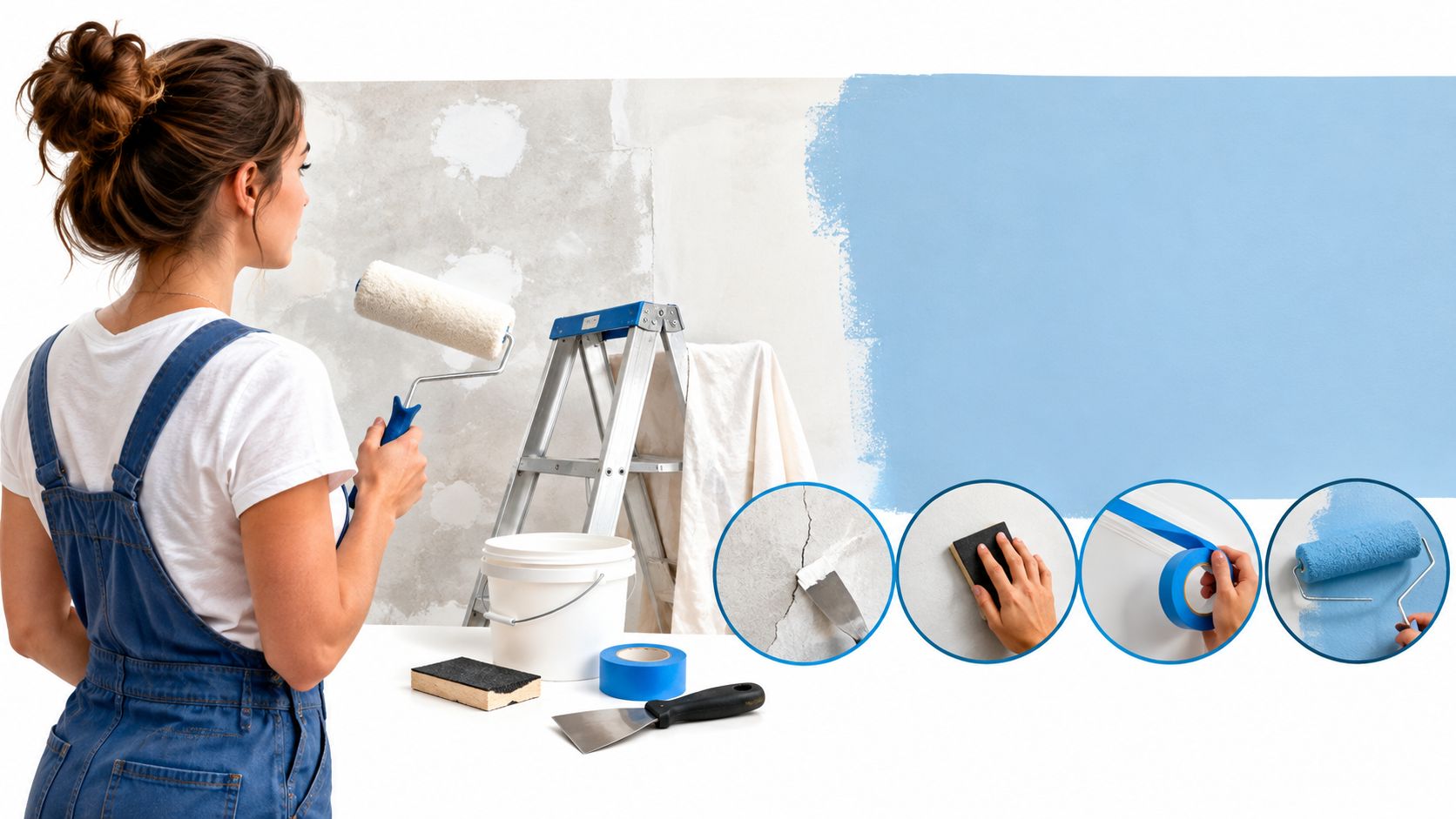 A woman in work overalls stands ready to paint a wall with tools and instructional circular insets shown.