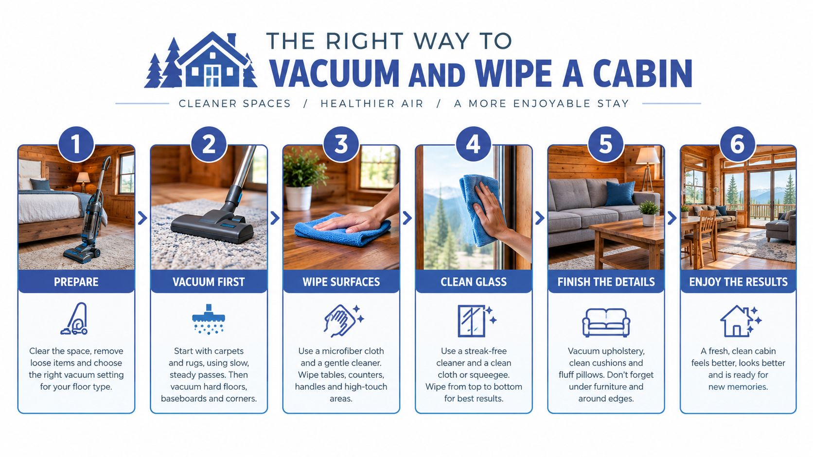 An infographic showing six steps for cleaning a cabin, starting with vacuuming and ending with enjoying the space.