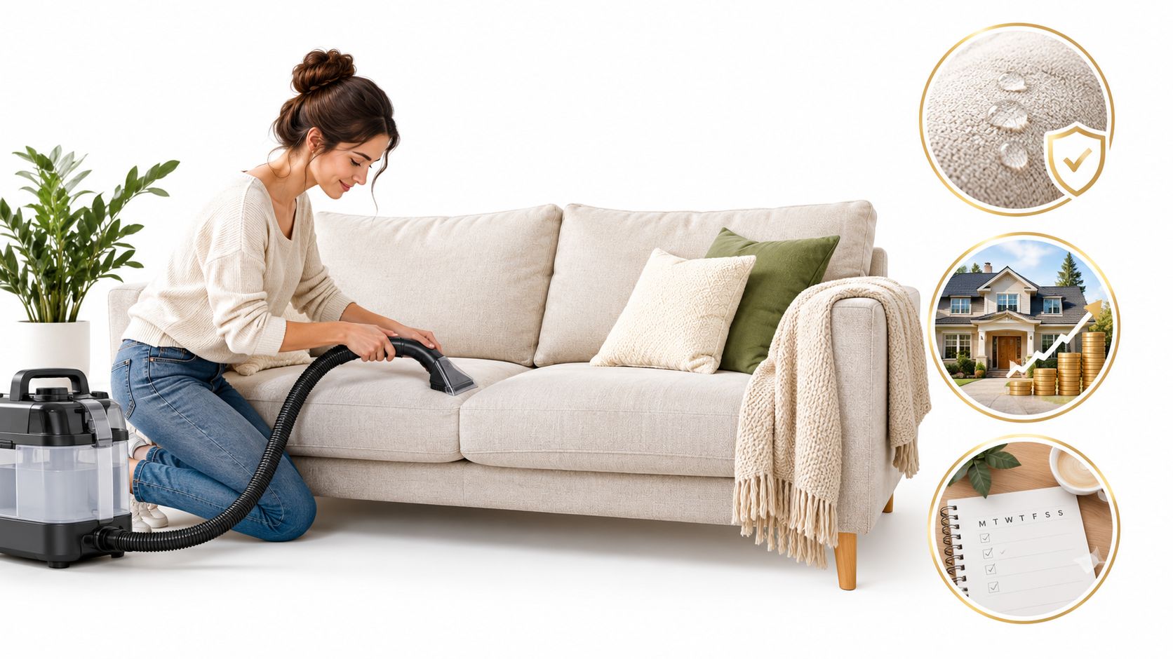 A woman cleaning a light-colored sofa with an upholstery steam cleaner machine on a white background.