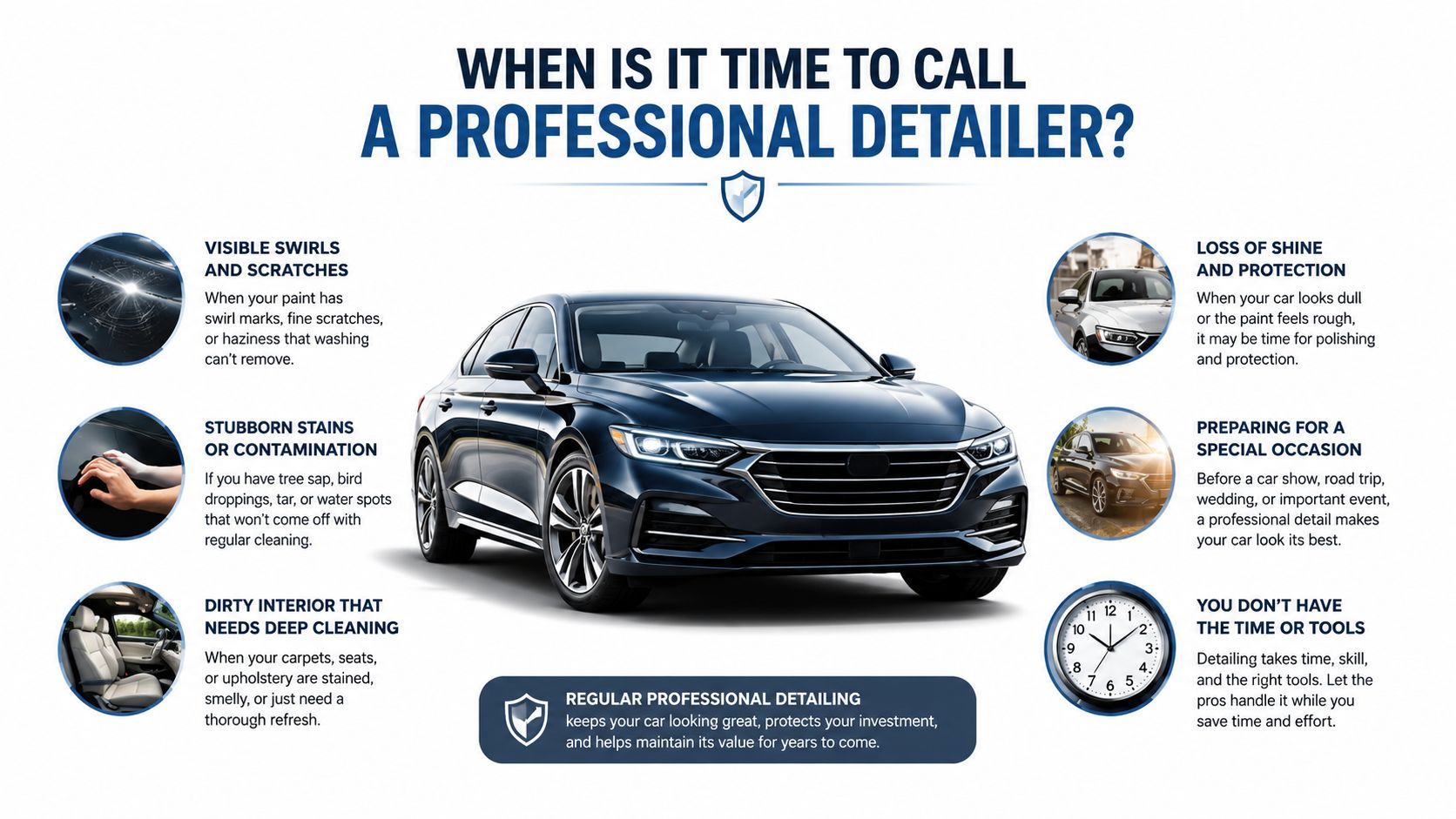 An infographic illustrating various signs indicating when a vehicle requires professional car detailing services.