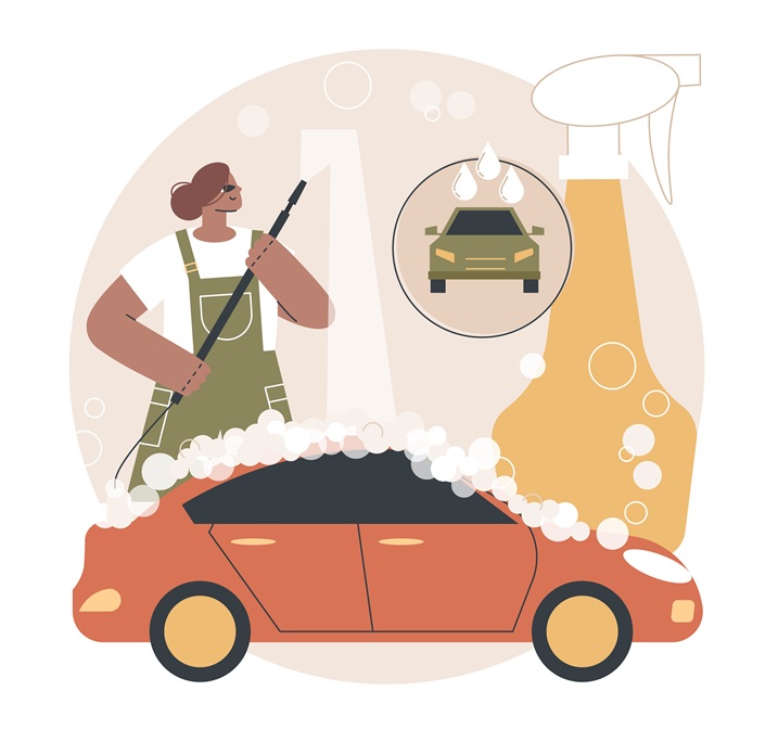 Car wash service abstract concept vector illustration. Automatic wash, vehicle cleaning market, self-serve station, 24 hours full service company, hand, interior vacuum cleaning abstract metaphor.