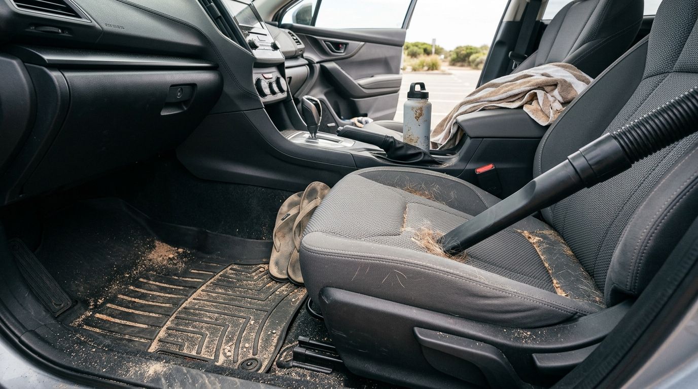 A vacuum cleaner nozzle cleaning dog hair and sand from the fabric passenger seat of a car.