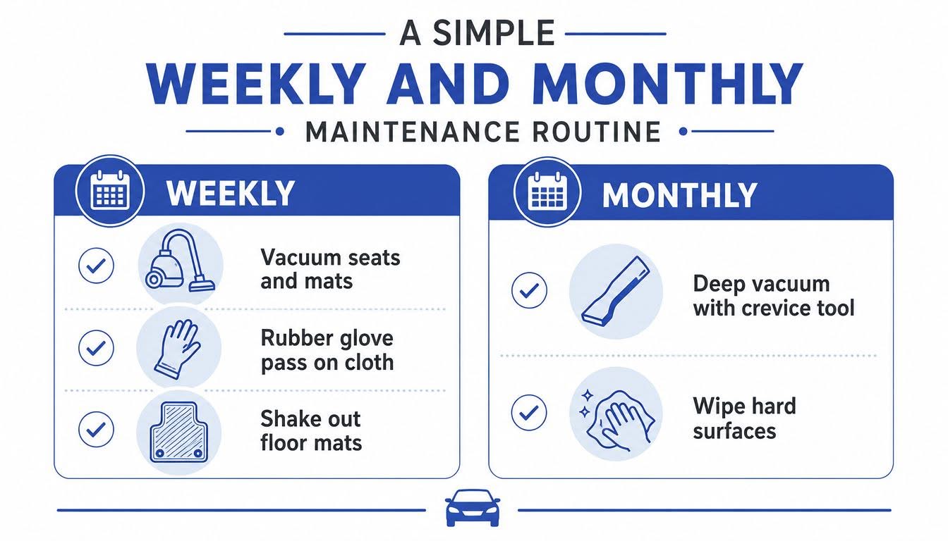 An infographic showing weekly and monthly car interior cleaning tasks for removing unwanted pet hair.