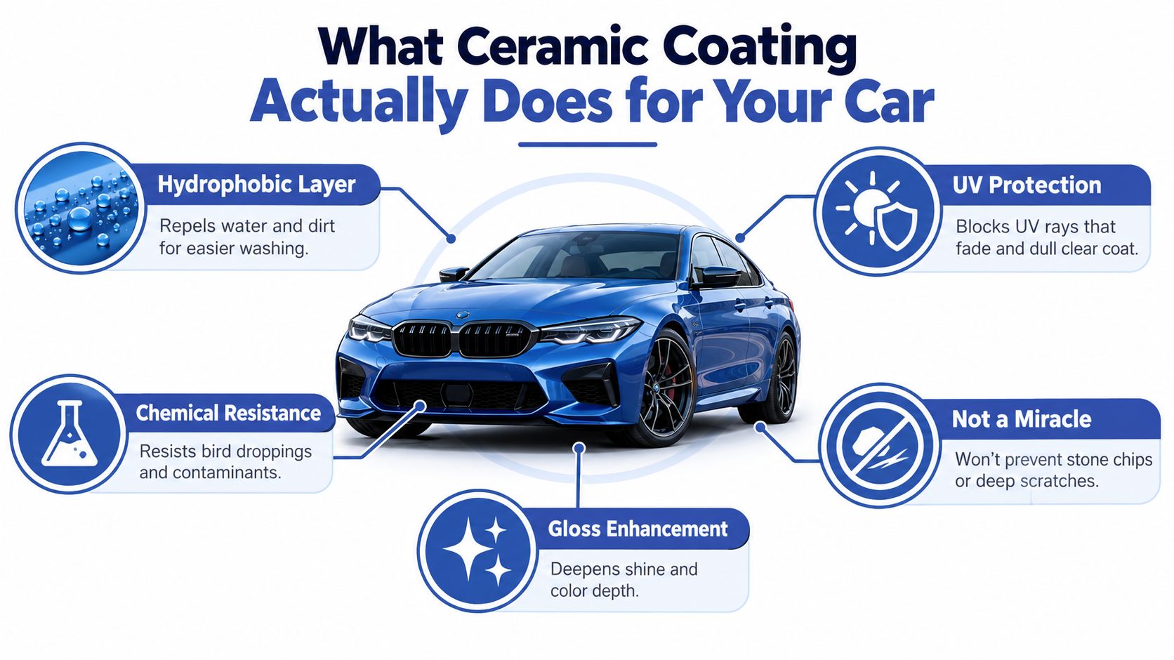 An infographic showing the various protective benefits of ceramic coating for a car, such as gloss and UV resistance.